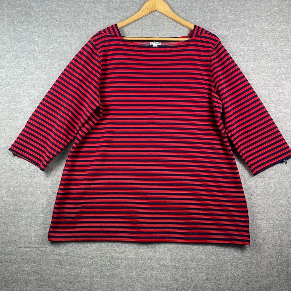 Croft & Barrow Womens Red/Blue Striped 3/4 Zip Sleeves Square Neck Blouse SZ 1X‎
